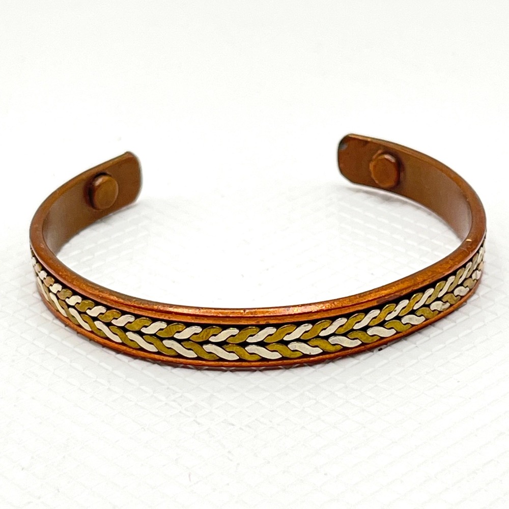 Vintage Copper Tri-Tone Braided Rope Cuff Bracelet w/ Gold and Silver Tone